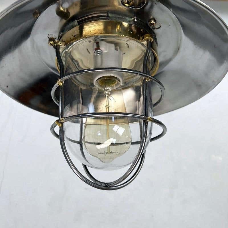 1980's Japanese Cast Steel Explosion Proof Pendant, Cage & Glass Shade photo 325.0