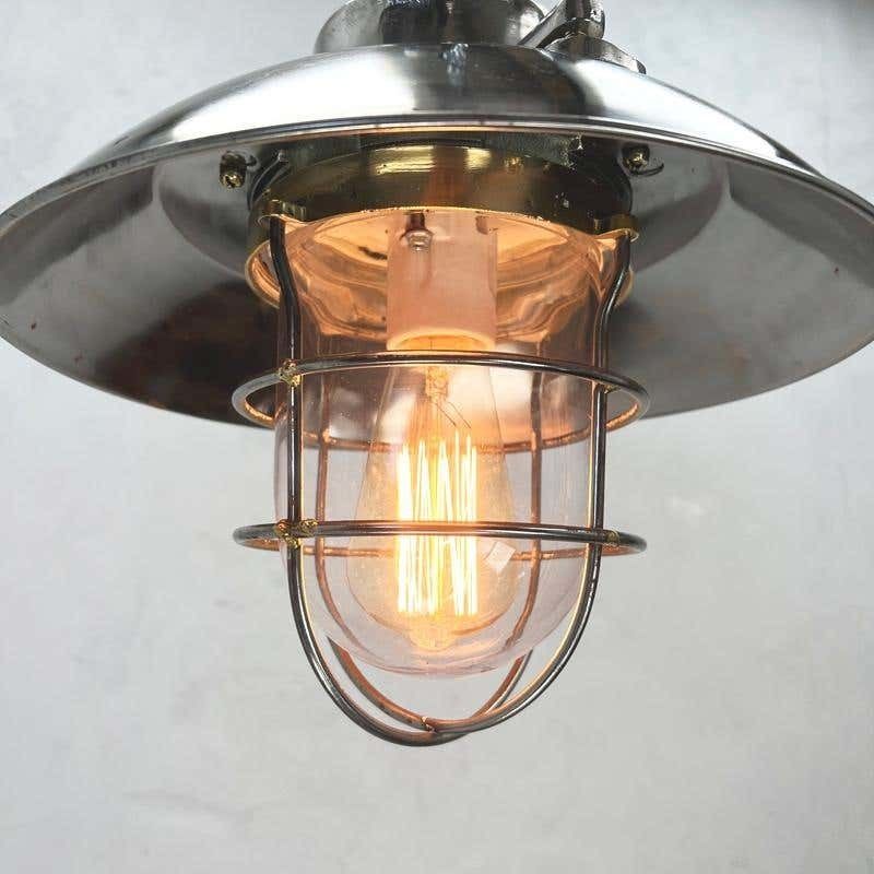 1980's Japanese Cast Steel Explosion Proof Pendant, Cage & Glass Shade photo buy