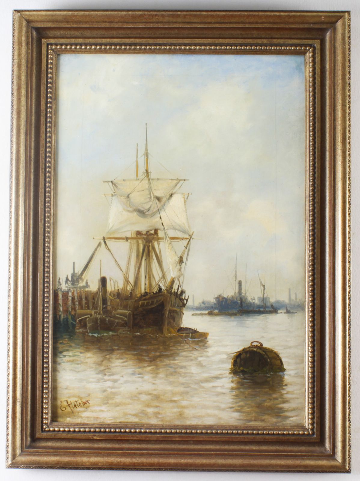 Antique English Oil On Canvas Painting Of A River Scene Edward Fletcher 19th C photo buy