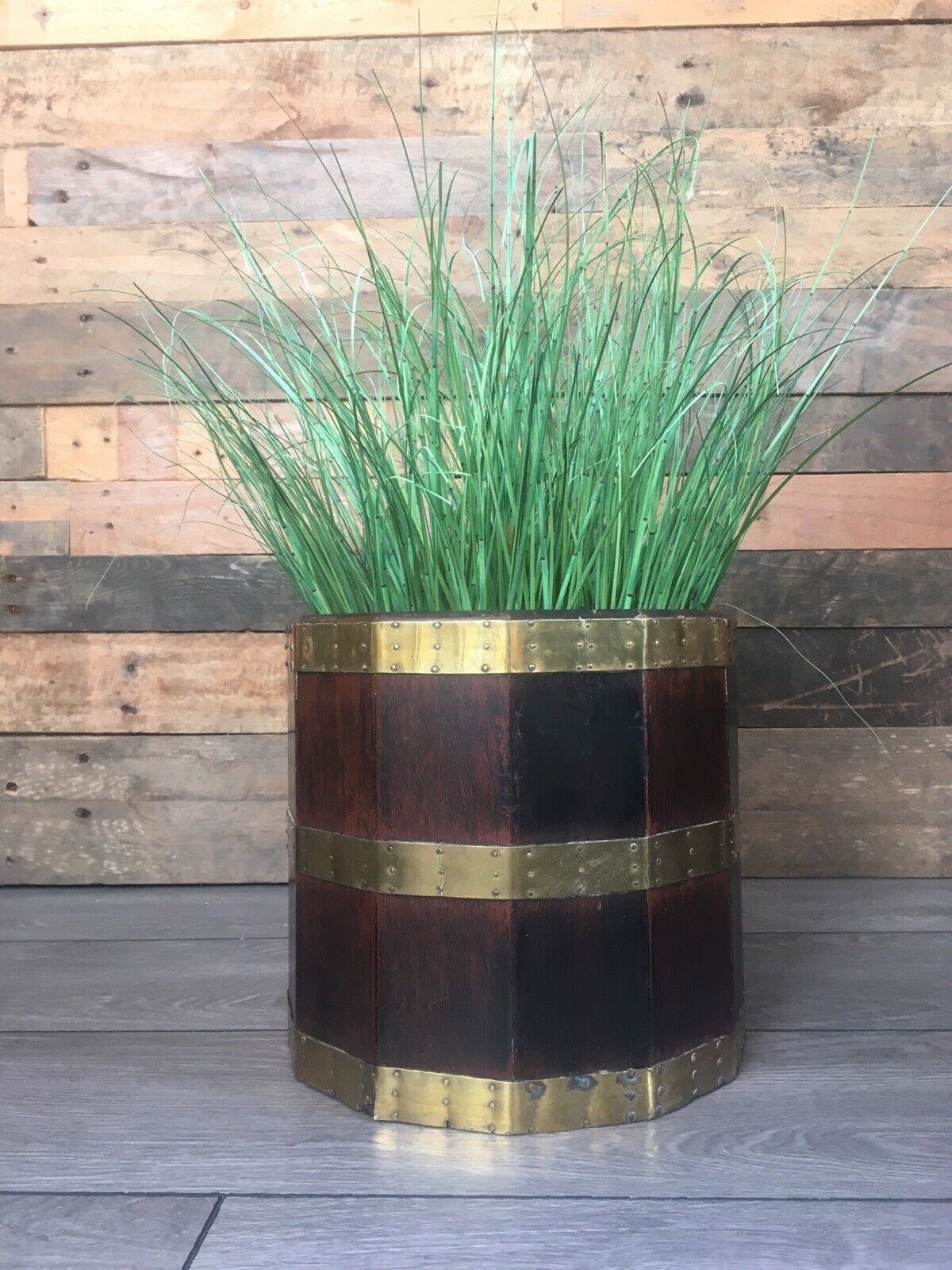 Antique 12 Sided Coopered Mahogany & Brass Barrel Planter Jardiniere Wine Cooler photo furniture
