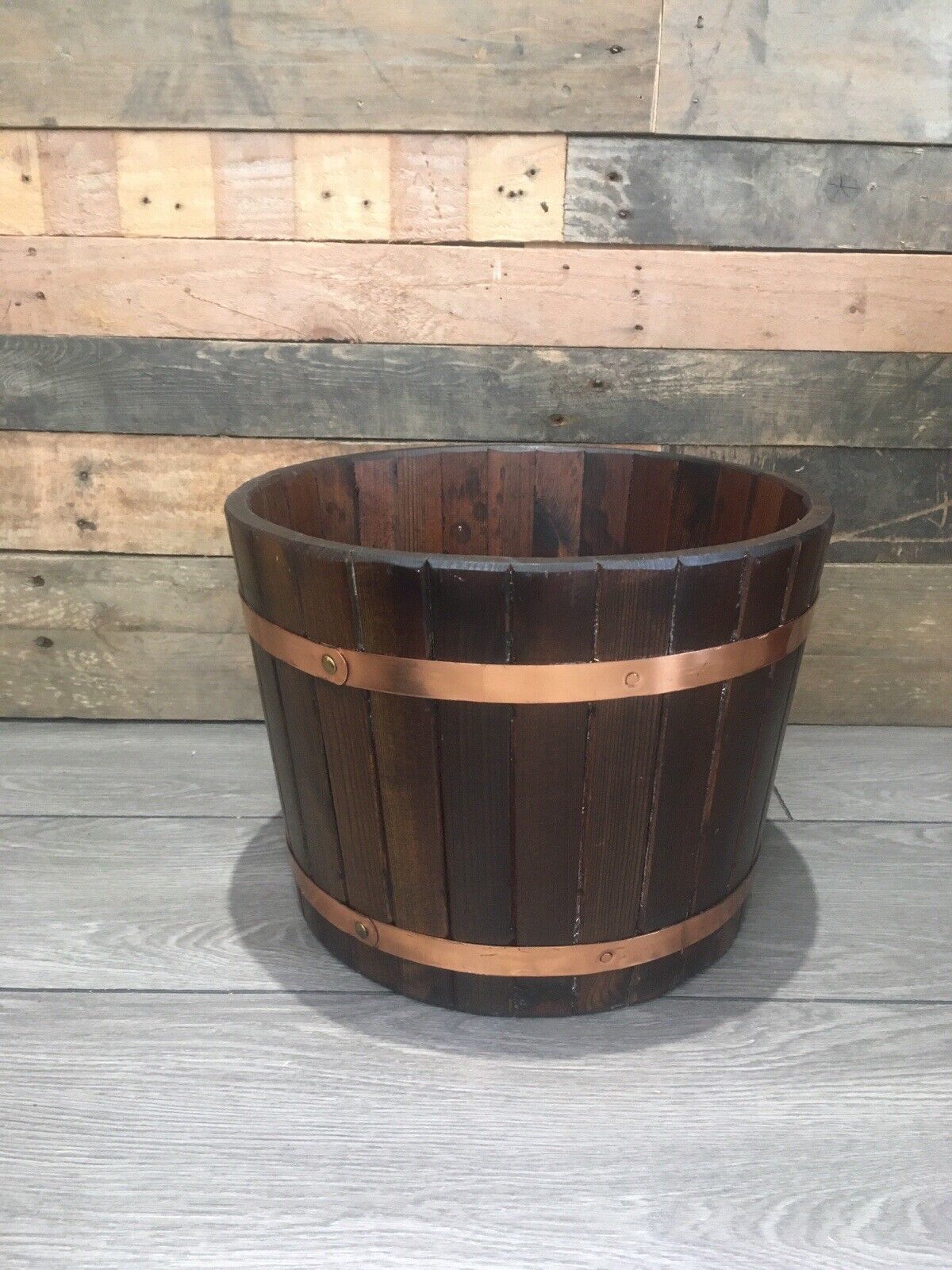 Vintage Coopered Oak & Copper Barrel Planter Plant Pot Jardiniere Log Storage photo for sale