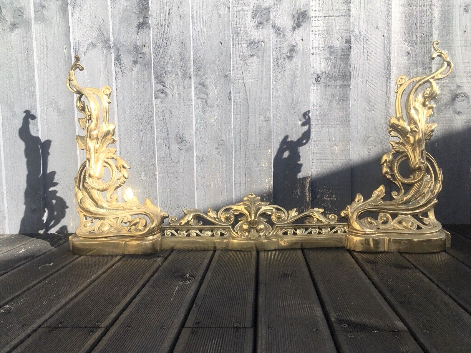 600.0 Beautiful Antique French Rococo Style 3 Piece Fireside Fender Fire Dogs Andirons photo