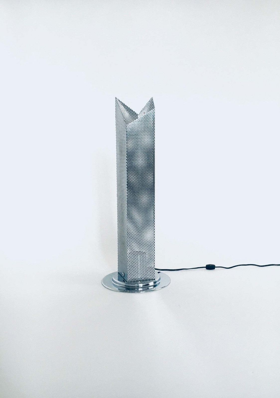 Postmodern Architectural Design Chrome Steel Perforated Metal Table Lamp, Italy 1980's photo for sale