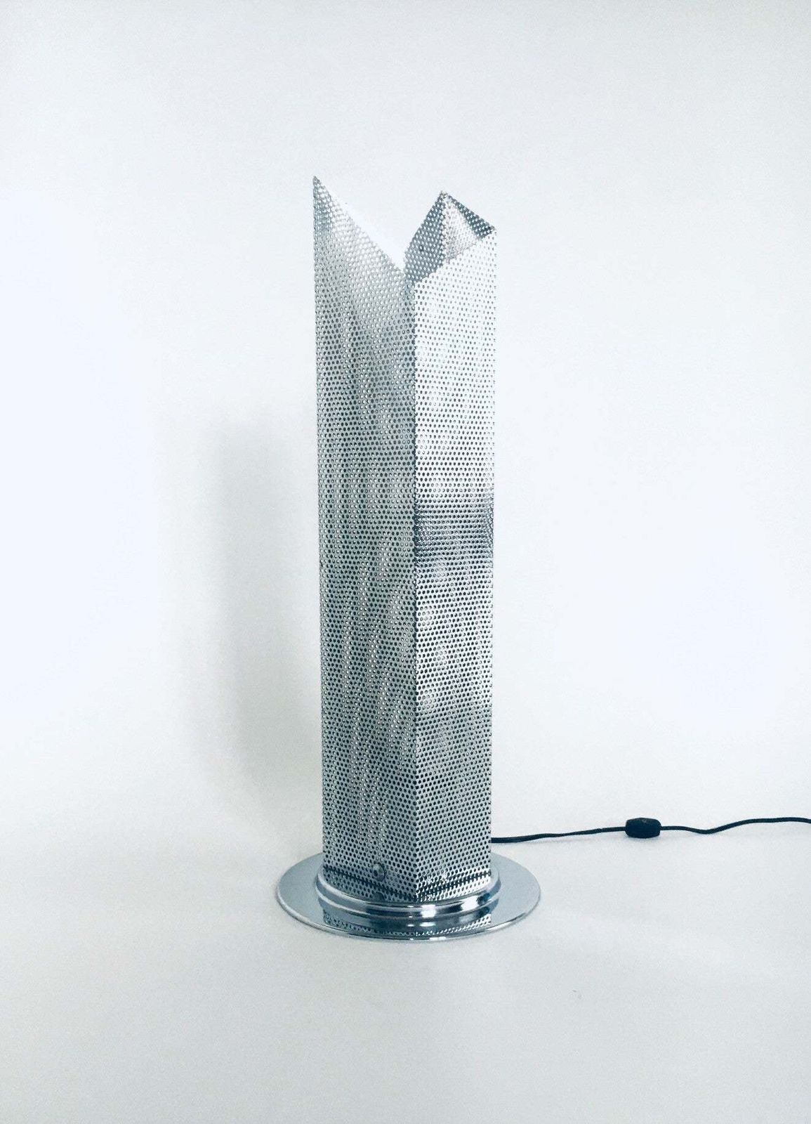 Postmodern Architectural Design Chrome Steel Perforated Metal Table Lamp, Italy 1980's photo vintage