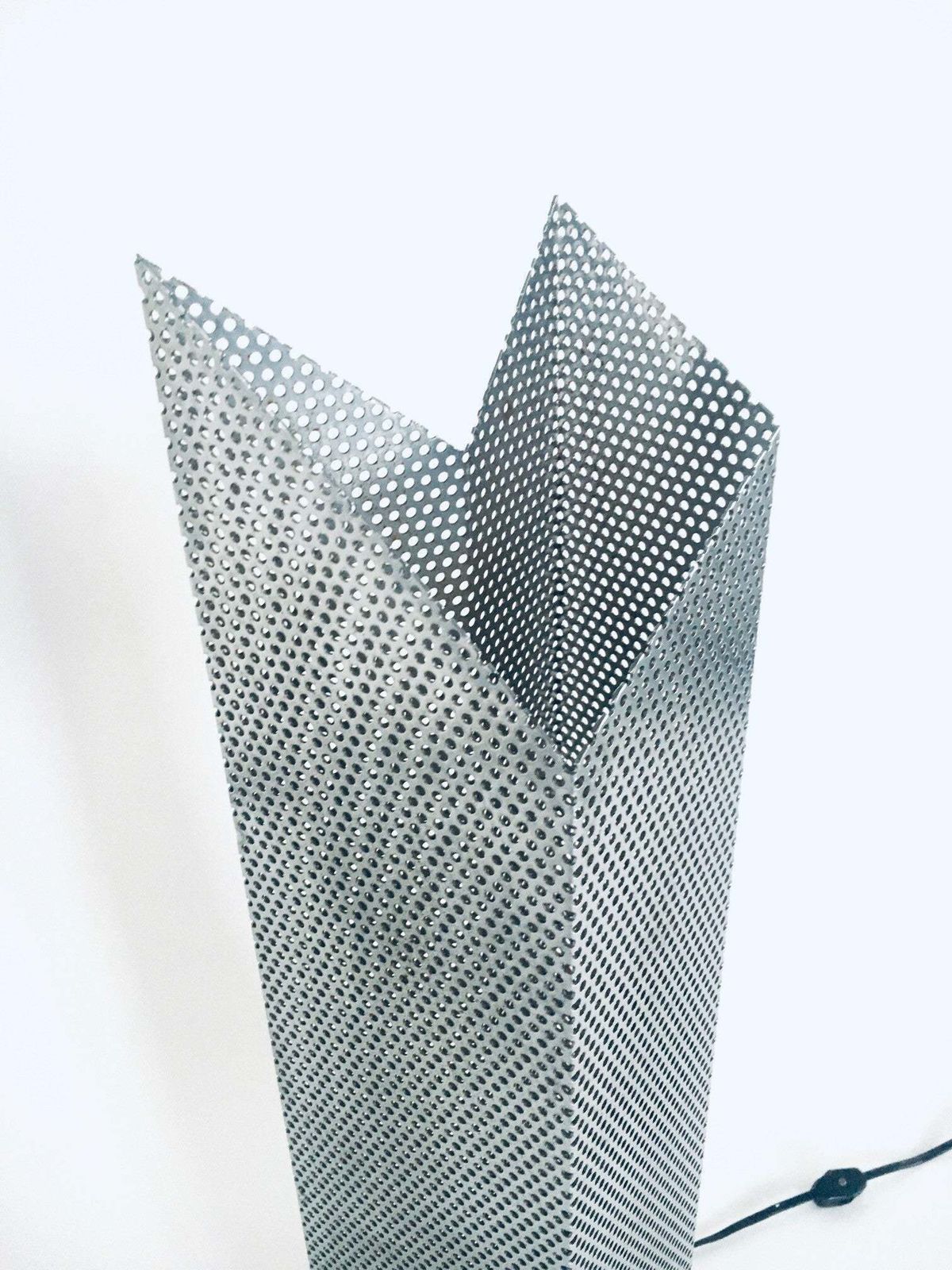 photo for sale Postmodern Architectural Design Chrome Steel Perforated Metal Table Lamp, Italy 1980's