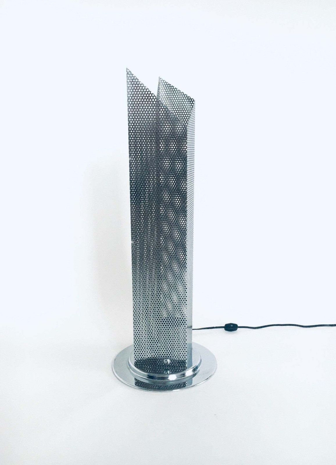 photo vinterior Postmodern Architectural Design Chrome Steel Perforated Metal Table Lamp, Italy 1980's