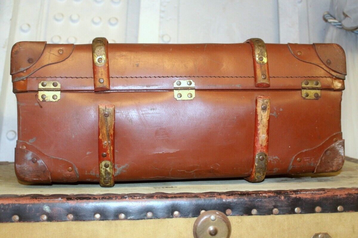 Vtg Steamer Trunk Leather Bras Wood Banding Chest Storage Box Coffee Table 1930s photo Furniture