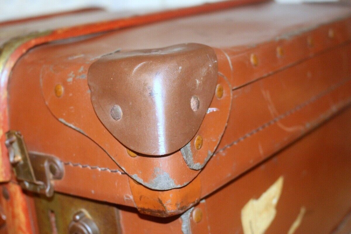 Vtg Steamer Trunk Leather Bras Wood Banding Chest Storage Box Coffee Table 1930s photo vinterior