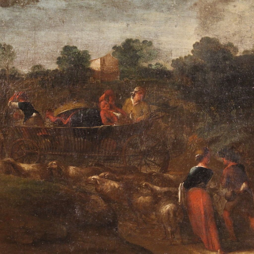 Antique Italian Painting From The 18th Century, Pastoral Scene With Chariot photo furniture