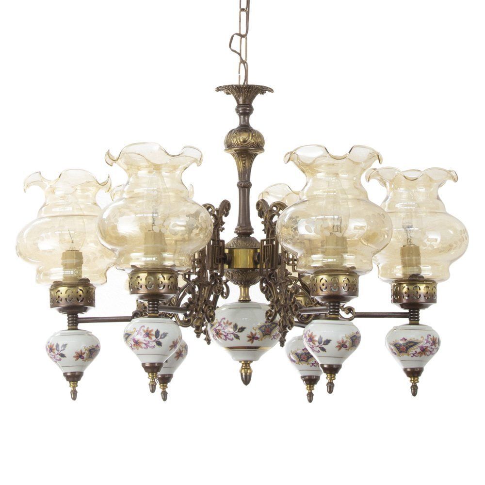 6 Lights Chandelier In Ceramic And Blown Murano Glass, Italy, 1950s