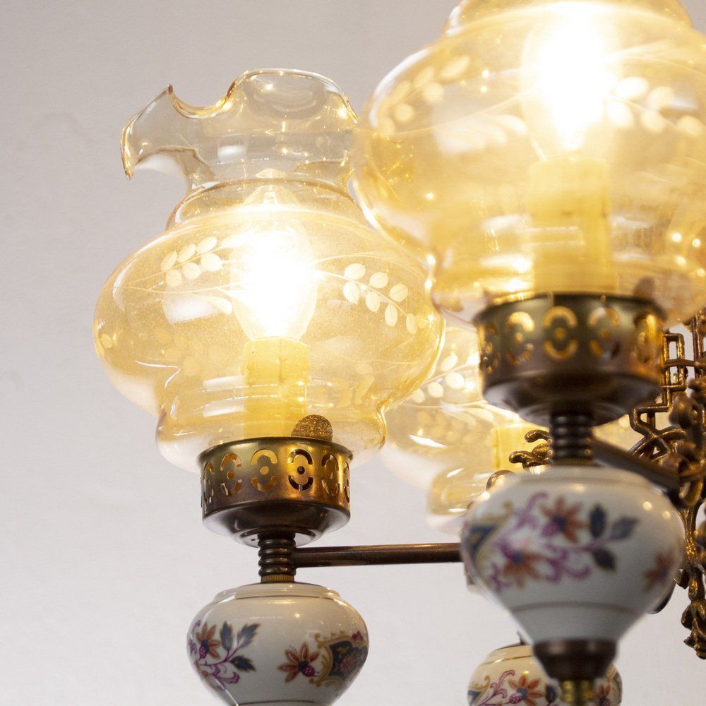 6 Lights Chandelier In Ceramic And Blown Murano Glass, Italy, 1950s photo vintage