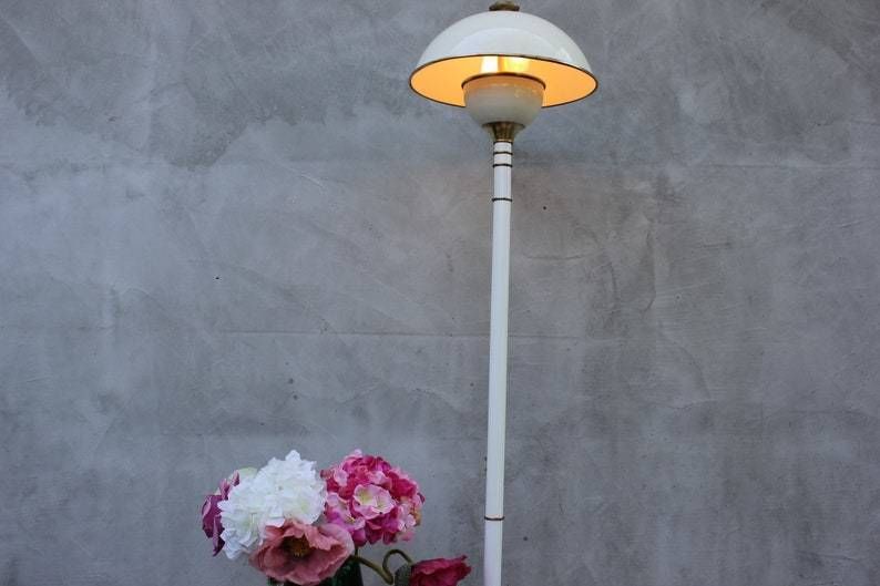 Vintage Modernist Enamel Brass Floor Lamp White Cream Unique Design Living Room Light Accent photo for sale