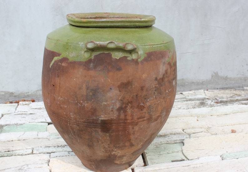 Large Antique Clay Pottery With Two Handles Primitive Terracotta Pot For Wine Or Food Storage, Rustic Home , Backyard Or Garden Decor photo for sale