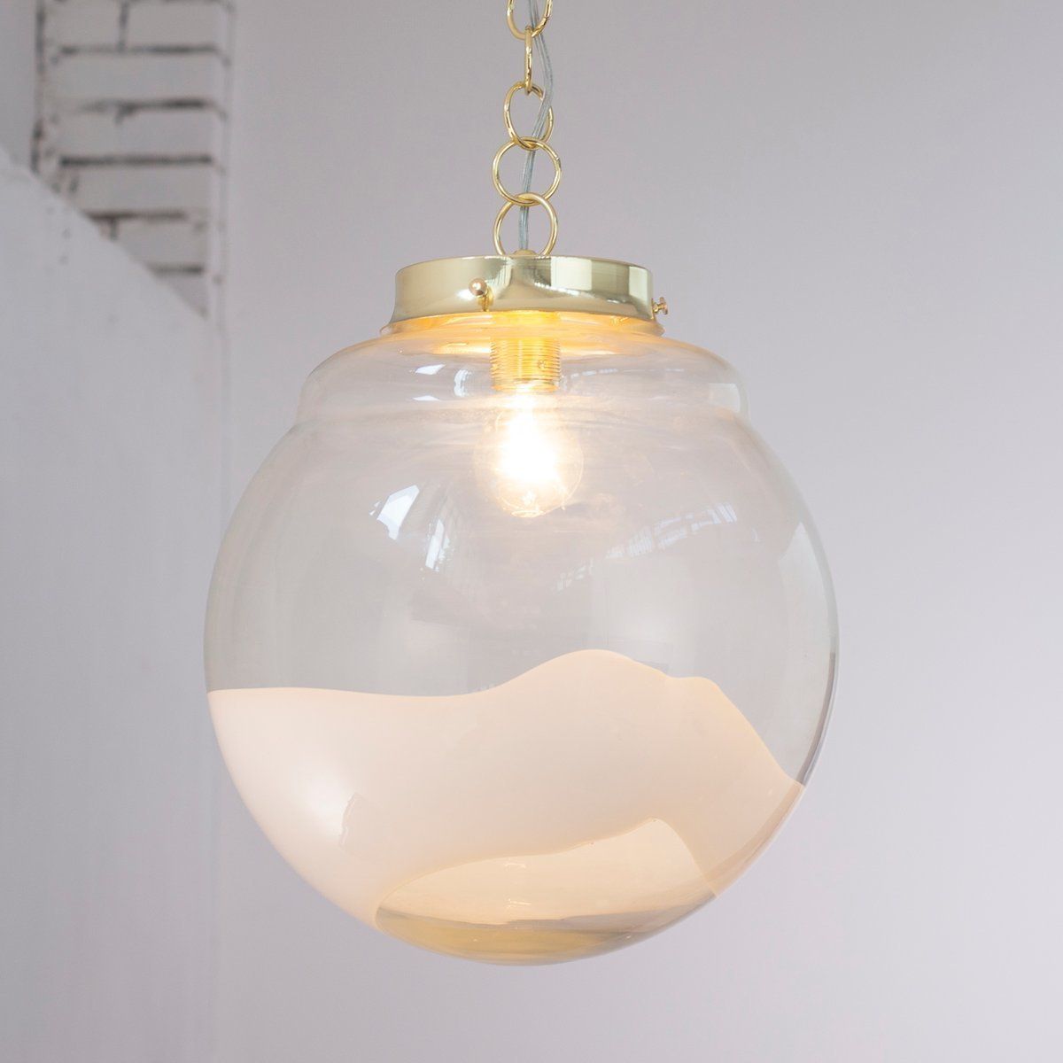 Suspension Lamp With Sphere And Decoration In White Glass, Italy photo vinterior