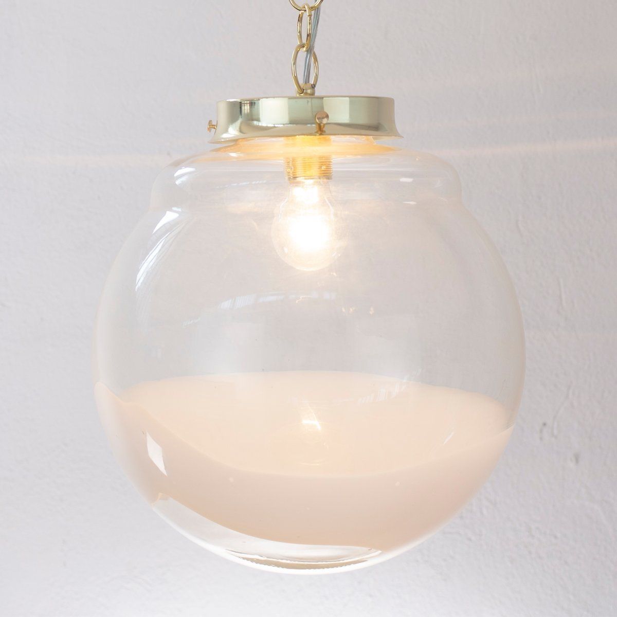 Suspension Lamp With Sphere And Decoration In White Glass, Italy photo vintage