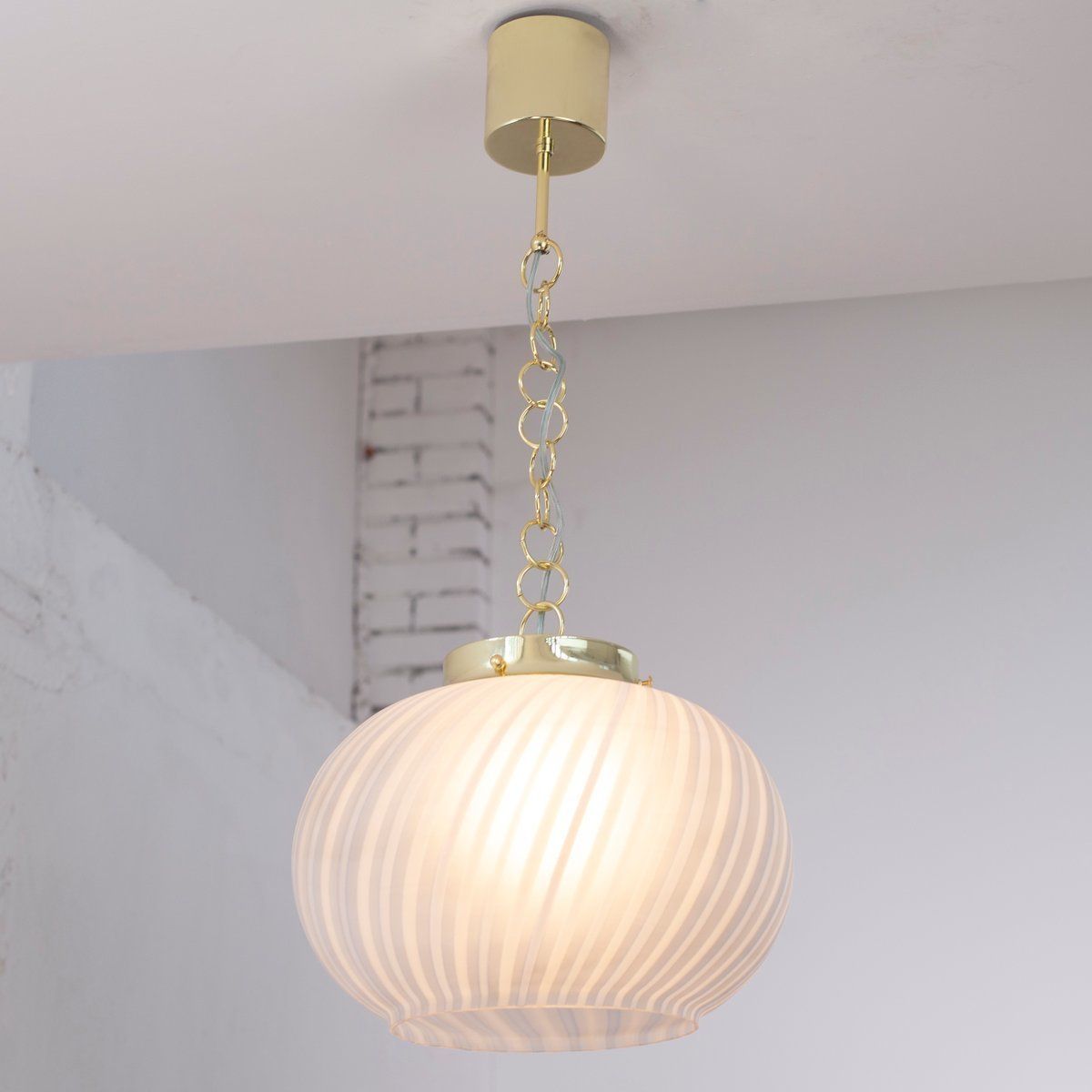 Suspension Lamp In Frosted Glass With White And Turquoise Lines, Italy photo vintage