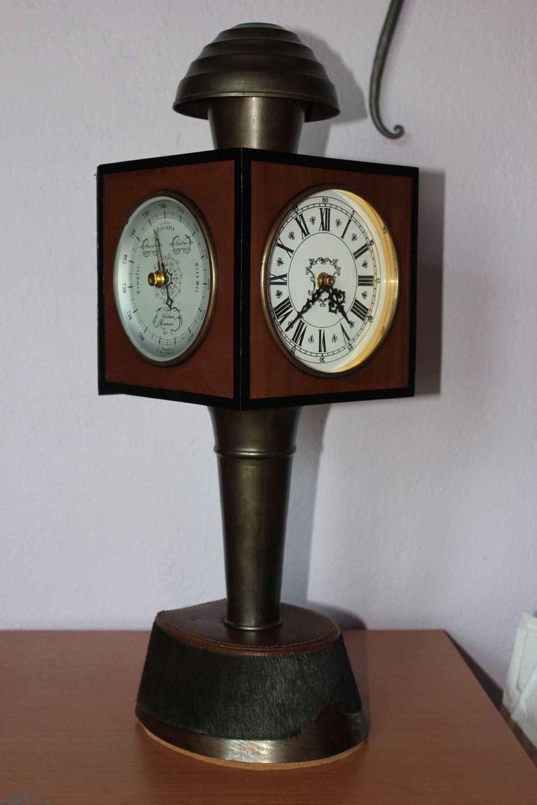 Rare Standing Clock, Portable Thermometer, Barometer With Horse Hoof Stand, Bank Or Office Clock photo for sale