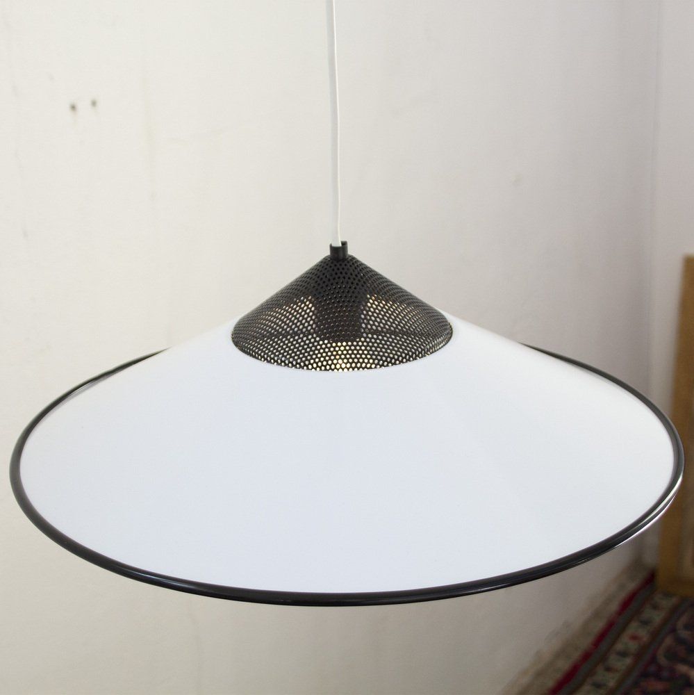 Lighting Large Suspension Lamp In White Murano Glass With Black Finishes, Italy, 1970s photo