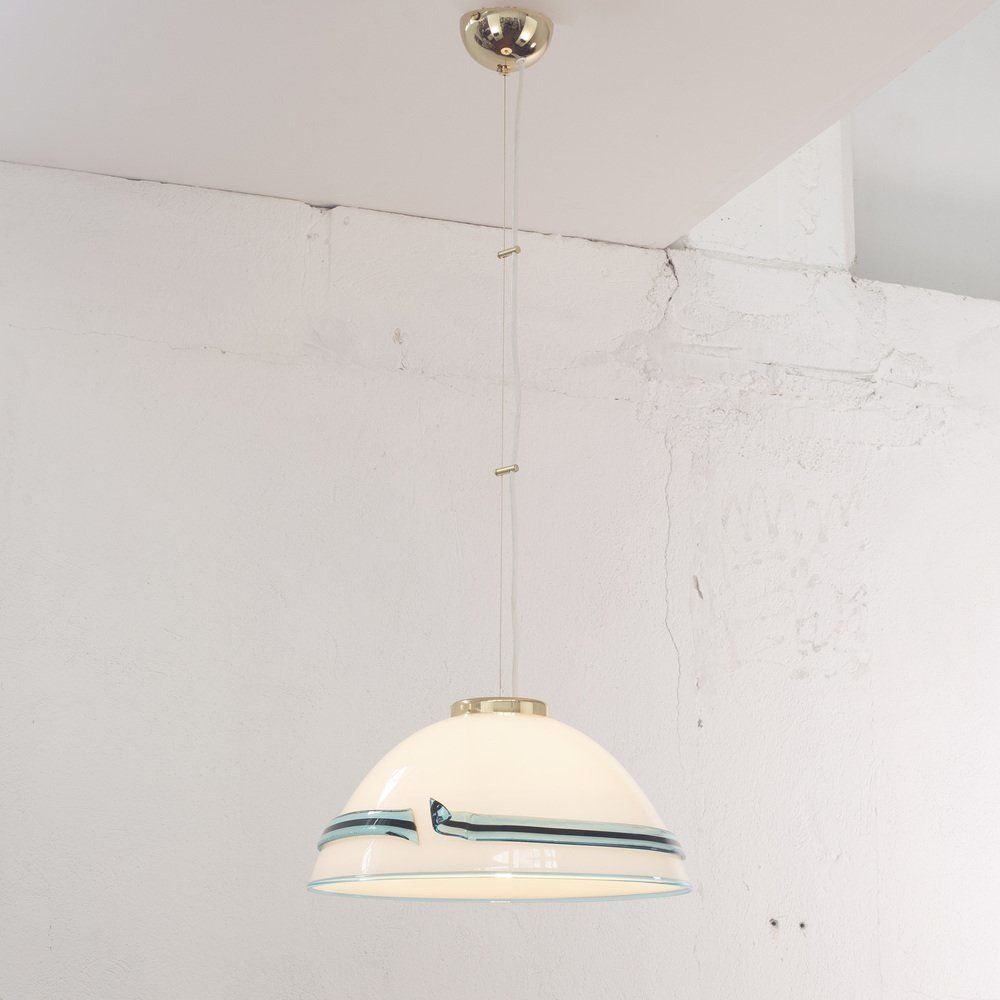 Suspension Lamp In White Murano Glass With Turquoise And Black Applications, 1980s photo for sale