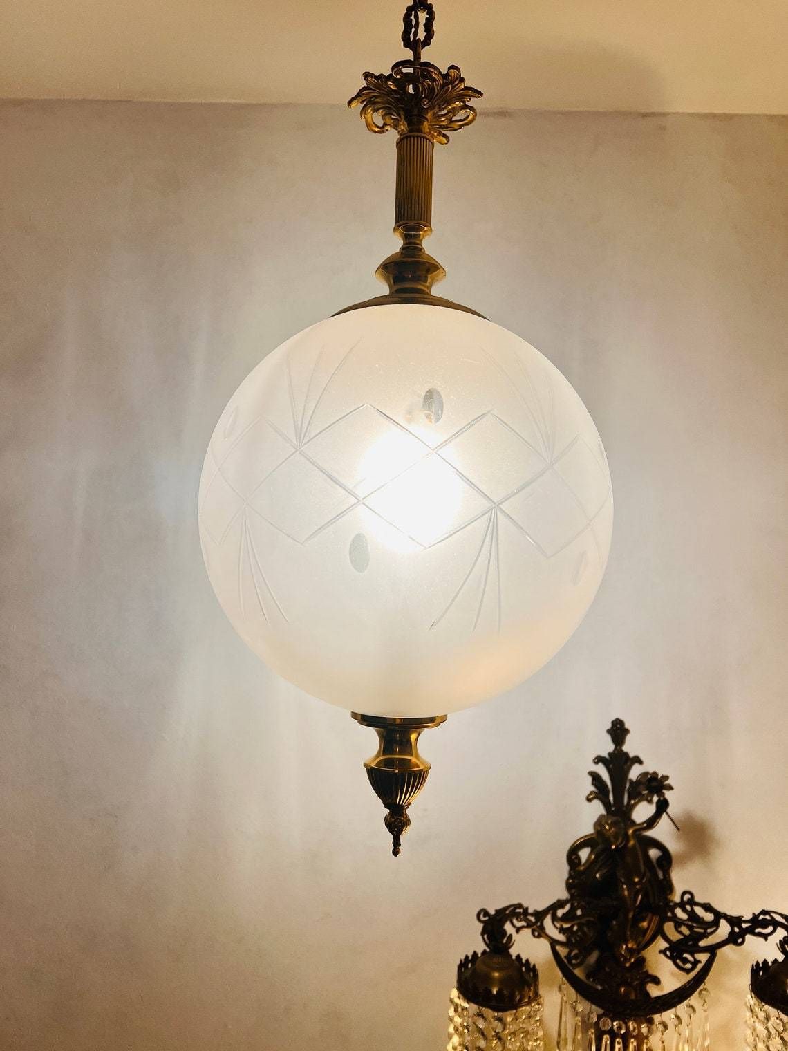 Pair Of Spheres Art Nouveau Frosted Glass Ceiling Lights Lamps, Lantern Style Hanging Lamps photo for sale