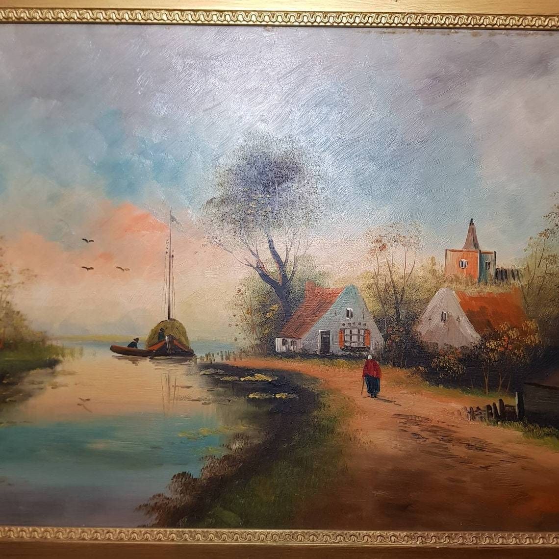 Wood Frame Painting Representing An Old Dutch Scene photo for sale