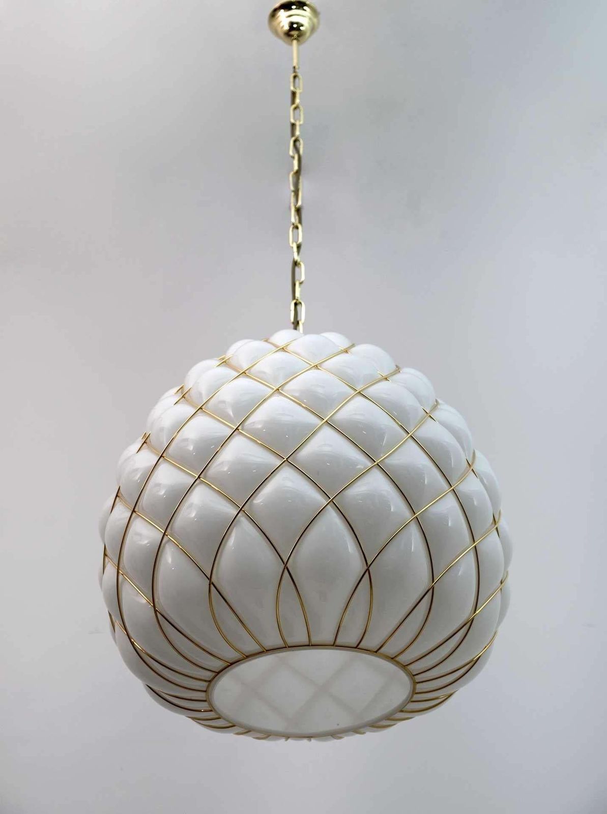 Four Modern Brass And Caged Murano Glass Large Pendant Lamps By Fontana Arte