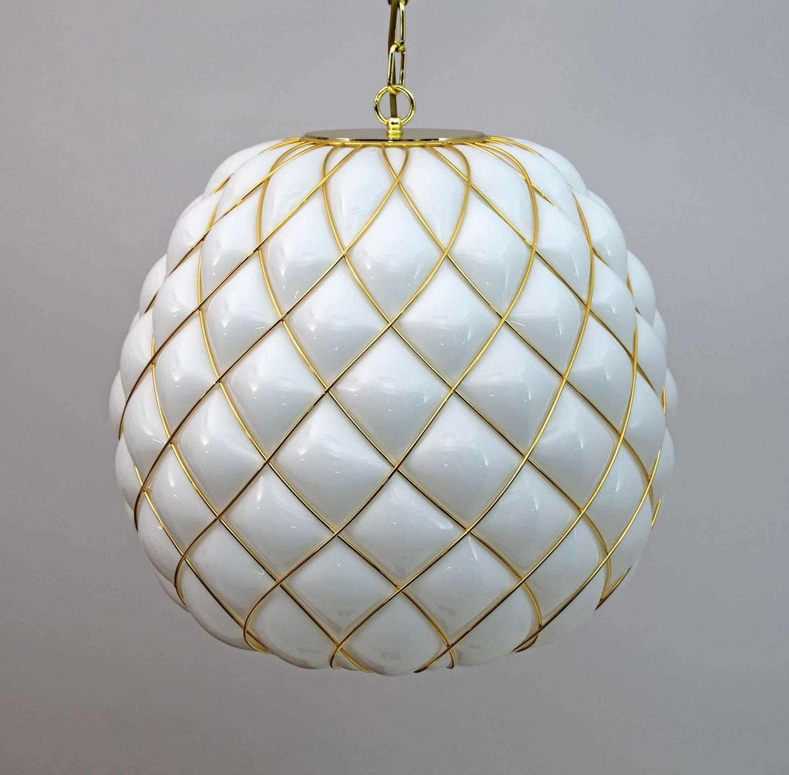 Four Modern Brass And Caged Murano Glass Large Pendant Lamps By Fontana Arte photo 2565.0