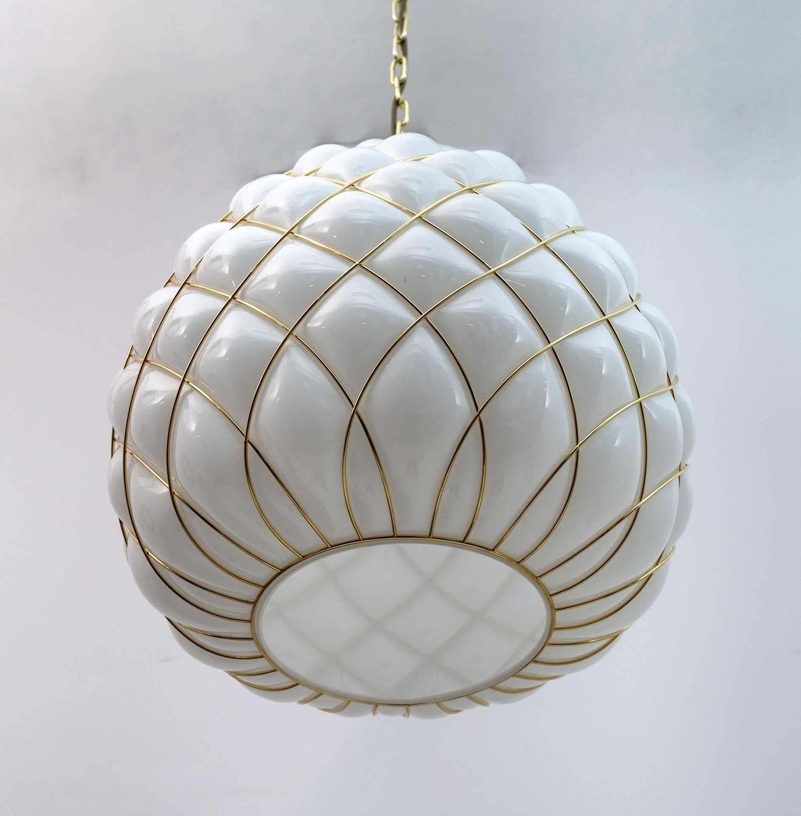 Four Modern Brass And Caged Murano Glass Large Pendant Lamps By Fontana Arte photo vinterior