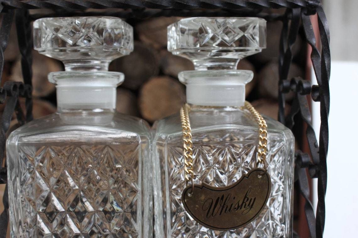 Vintage 2 Glass Liquor Decanters Set Tantalus In Handmade Metal Stand Whisky Sign Home Bar Serving Set photo furniture