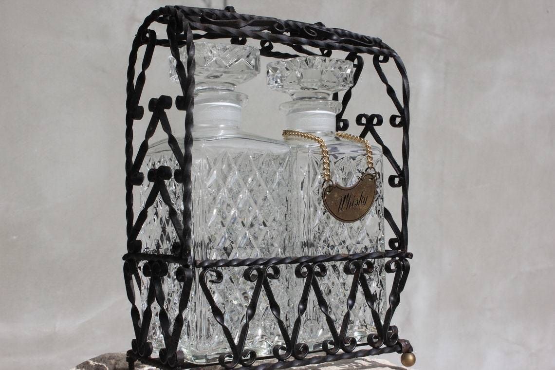 Vintage 2 Glass Liquor Decanters Set Tantalus In Handmade Metal Stand Whisky Sign Home Bar Serving Set photo for sale