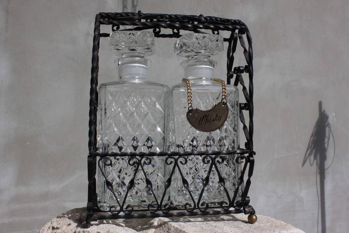 Vintage 2 Glass Liquor Decanters Set Tantalus In Handmade Metal Stand Whisky Sign Home Bar Serving Set photo Home Decor