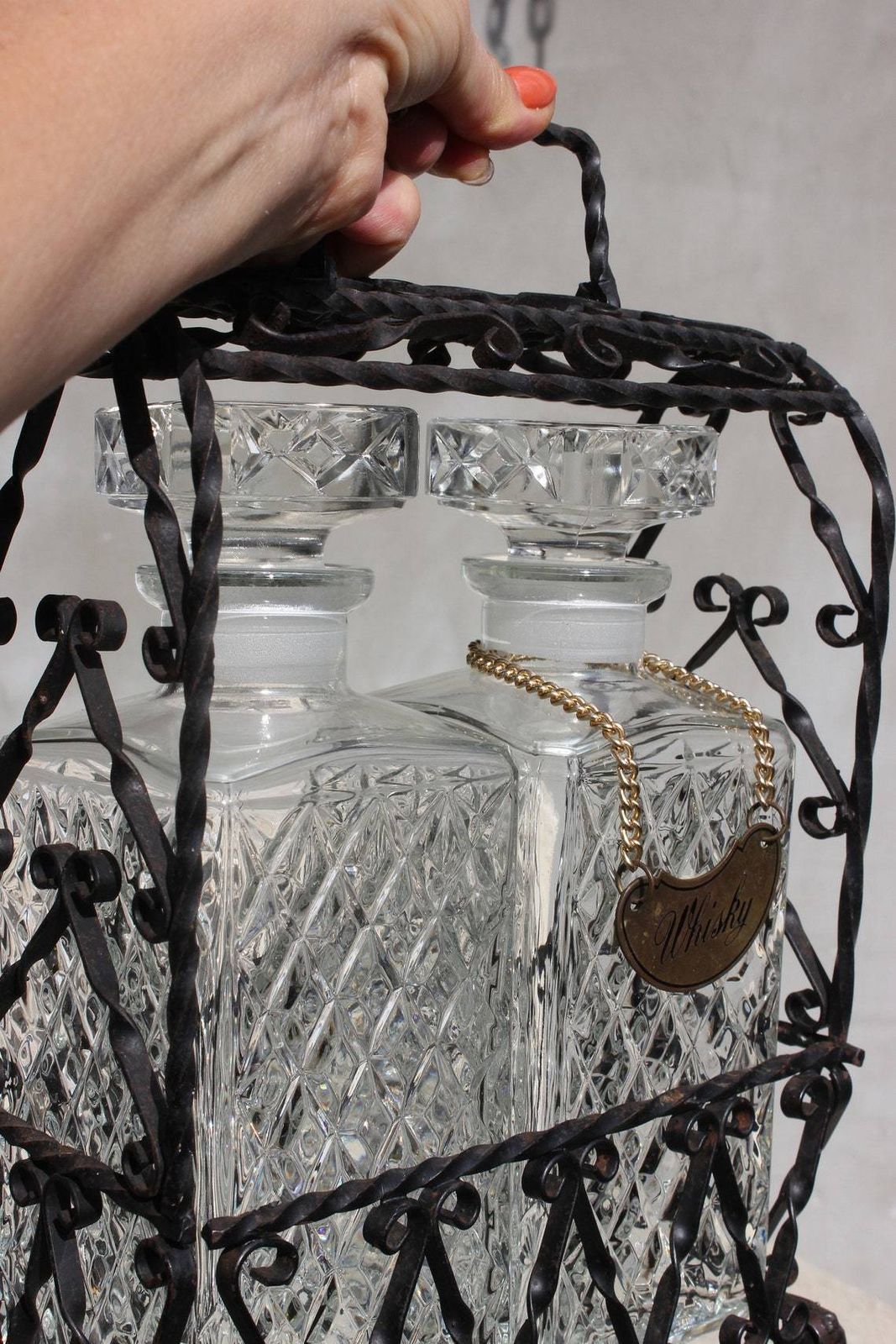 Vintage 2 Glass Liquor Decanters Set Tantalus In Handmade Metal Stand Whisky Sign Home Bar Serving Set photo buy