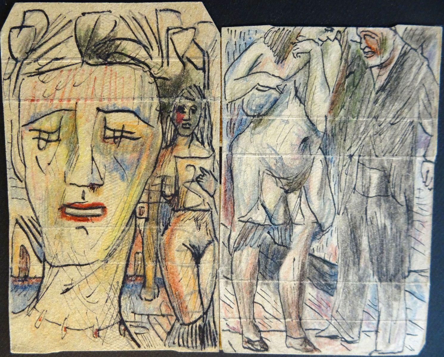 Adolfs Zardins The Old Sinner And The Female Figure. Paper, Mixed Media