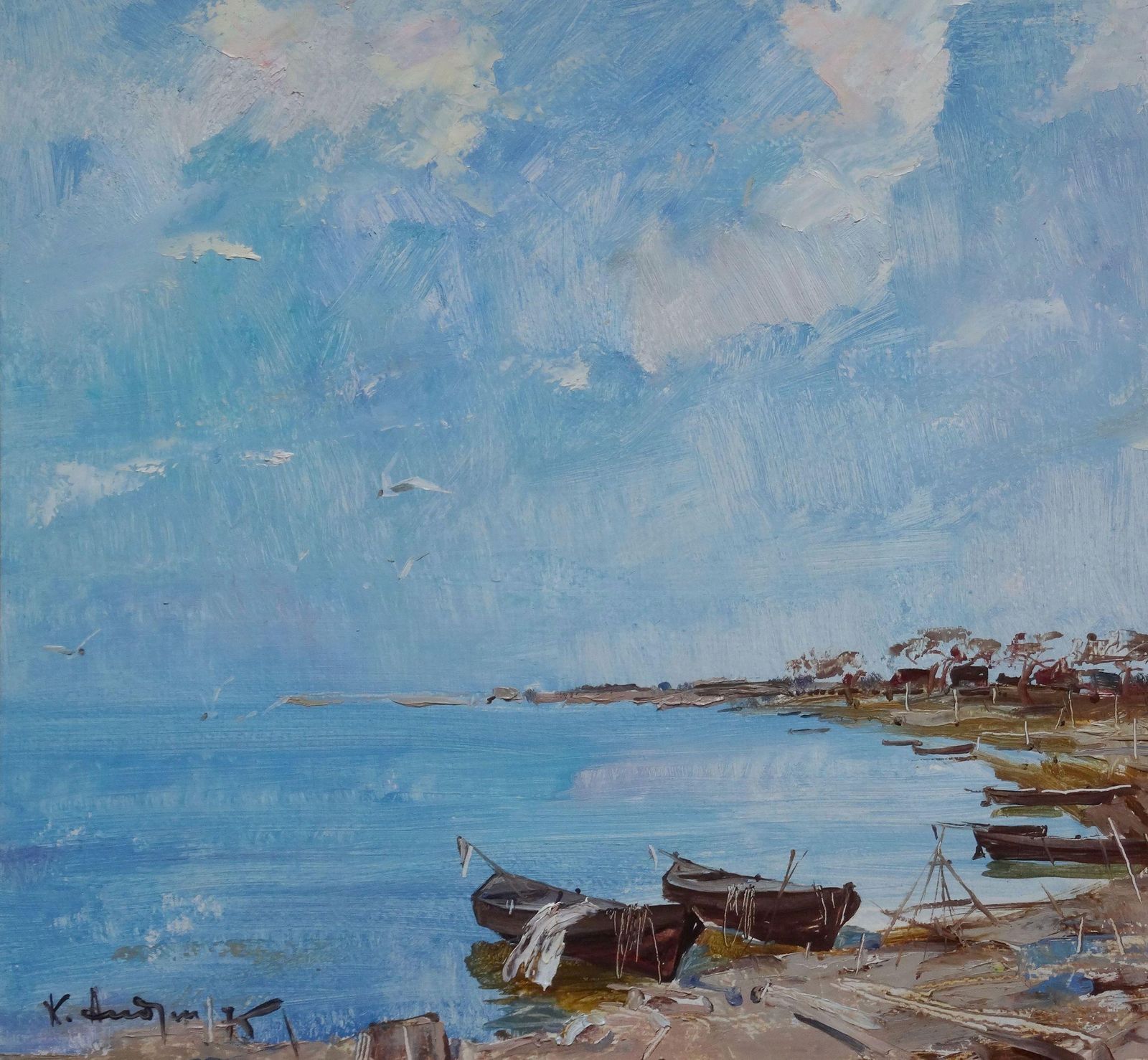 Konstantin Andrejev Boats At The Coast. 1975, Cardboard, Oil