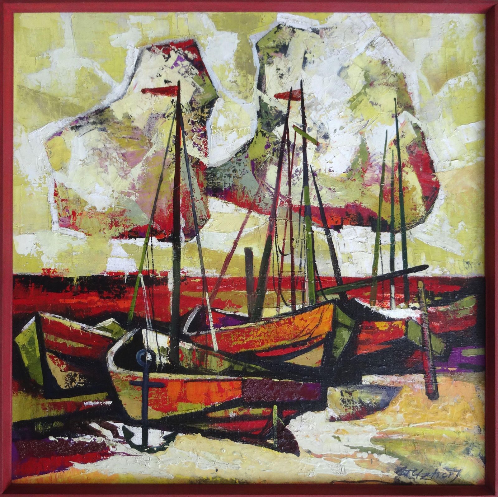 Boats 1980 Canvas Oil, 1980s, Vintage photo furniture