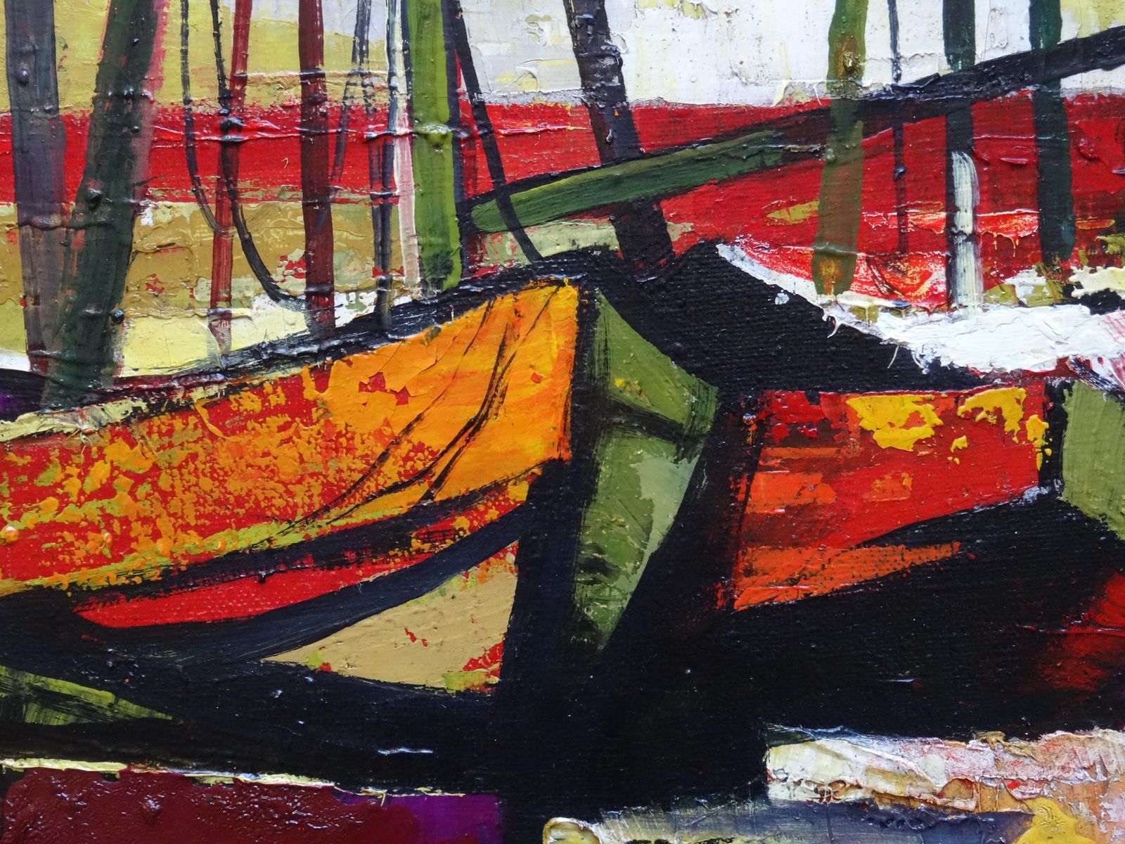 Boats 1980 Canvas Oil, 1980s, Vintage photo vinterior