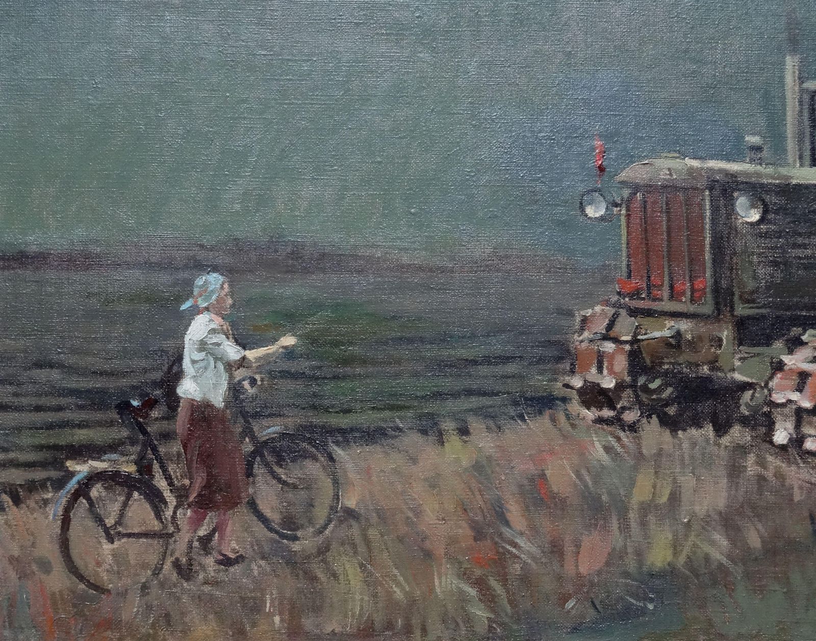 Jekabs Bine Afternoon. Workers With Tractor By The River. Oil On Canvas photo for sale