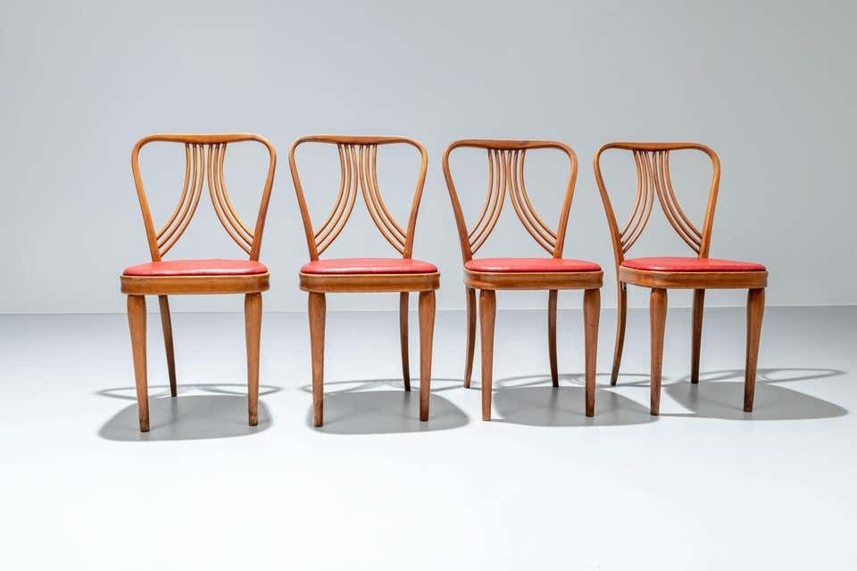 Set Of 4 Diningroom Chairs In Blond Wood And Red Faux Leather Italy 1950's photo furniture