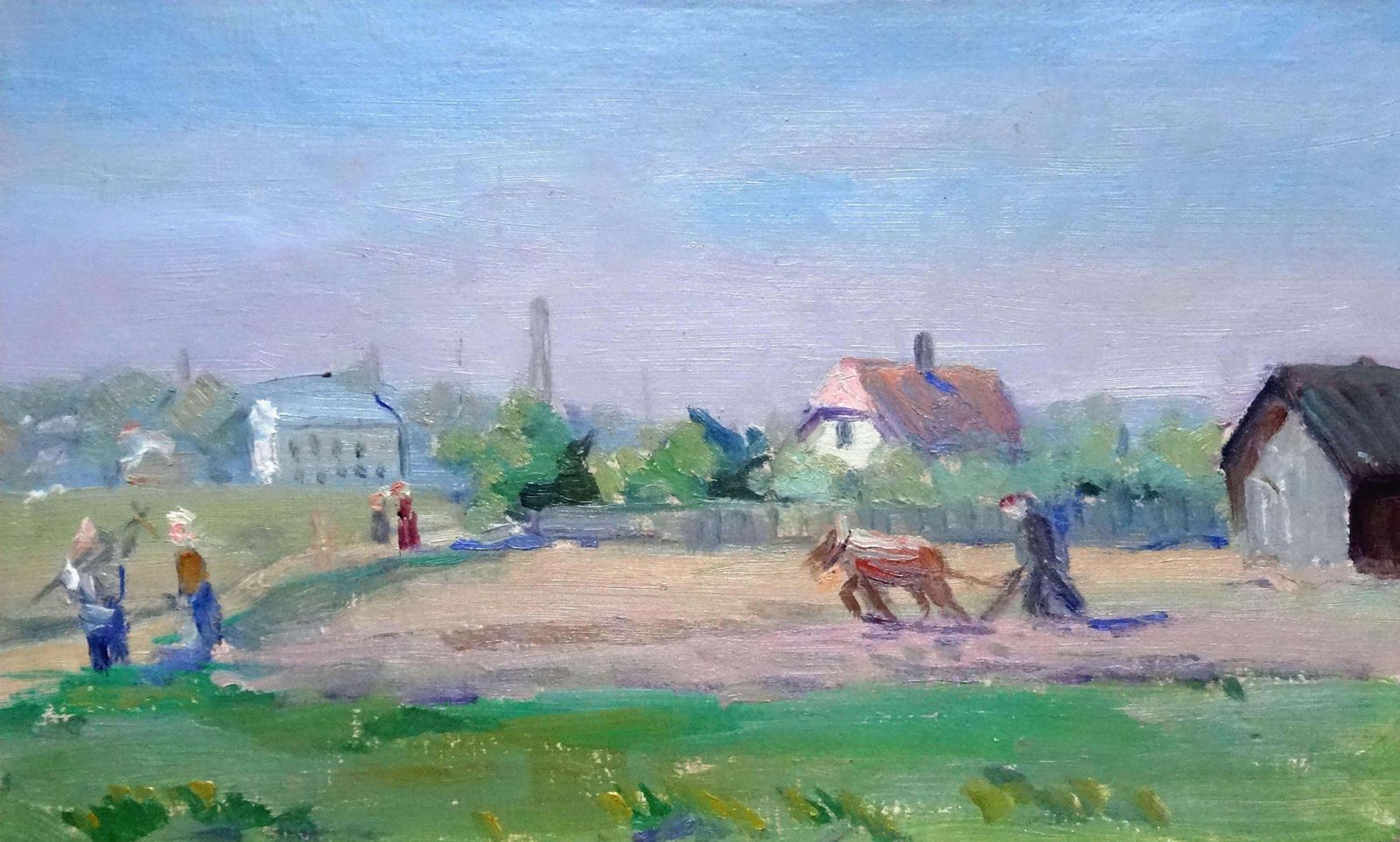 Peteris Rungis Work In The Village. Oil On Cardboard