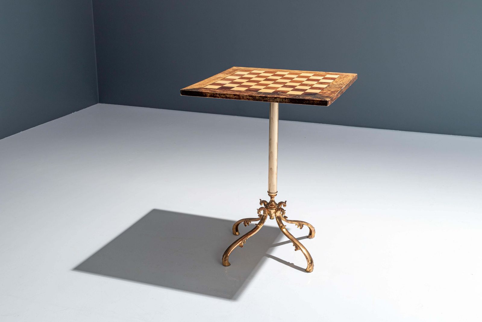 Chess Table By Aldo Tura In Lacquered Goatskin And Brass photo buy