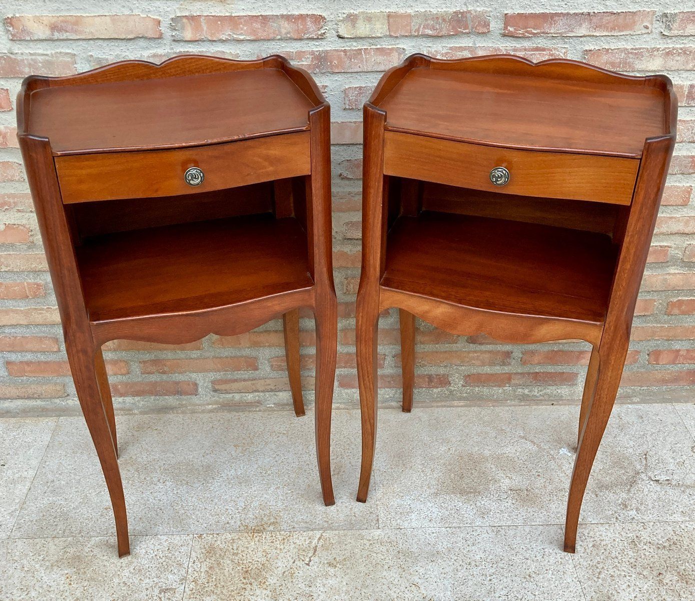 20th Marquetry Walnut Nightstands Tables With Drawer And Open Shelf, 1940, Set Of 2 photo vinterior