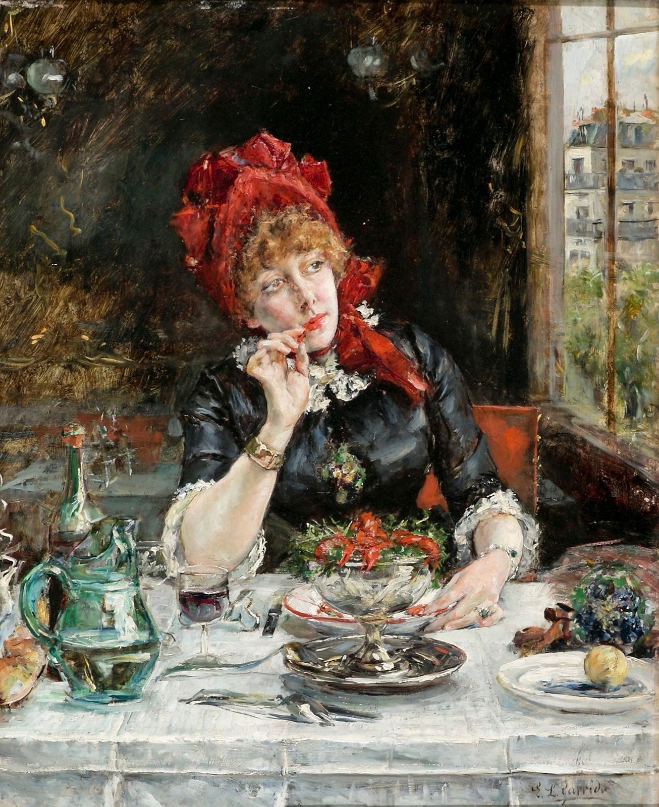 Eduardo Leon Garrido Girl In Restaurant In Paris. 19th Century, Oil On Wood