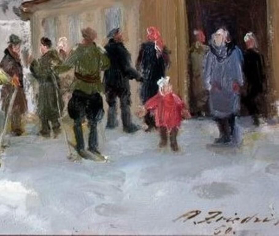 Aleksandrs Zviedris Kolkhoz In Winter. 1950, Oil On Cardboard, photo Art
