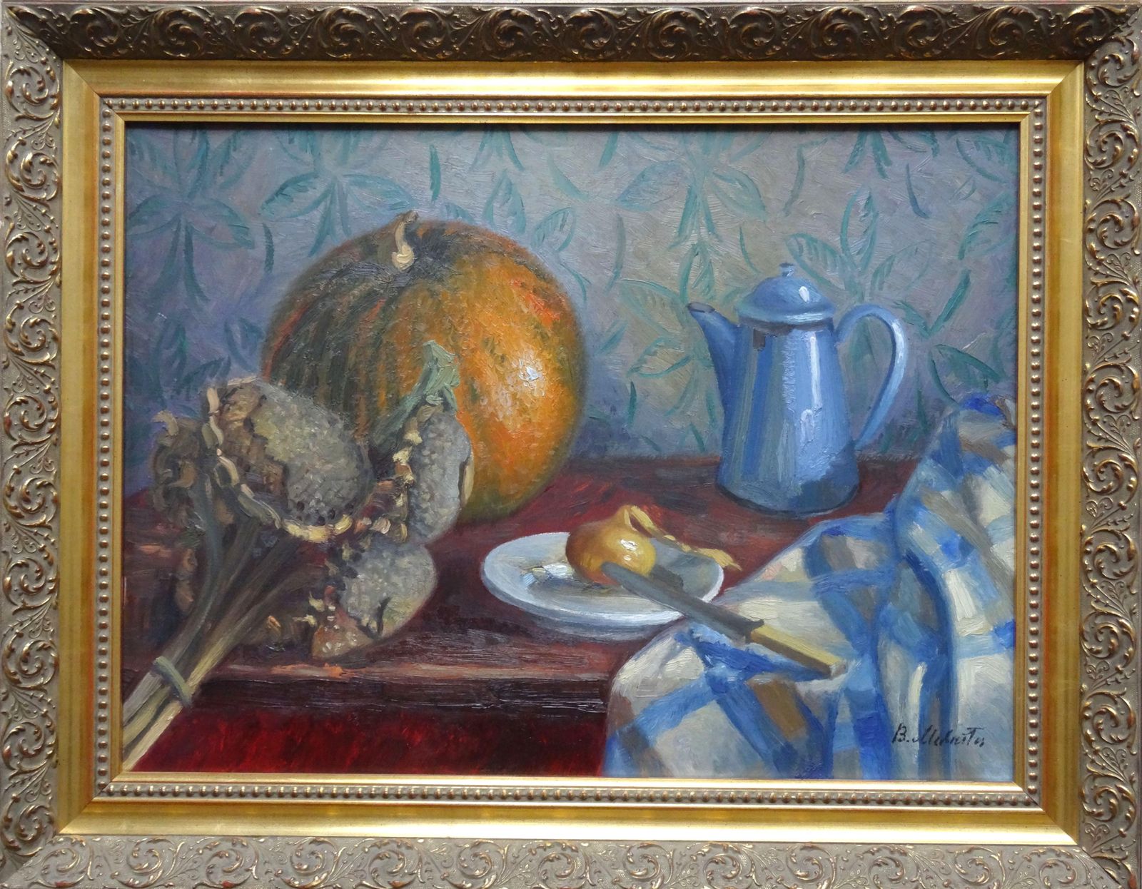 Bernards Mednitis Still Life With Blue Coffee Pot. Oil On Cardboard, 1978 photo furniture