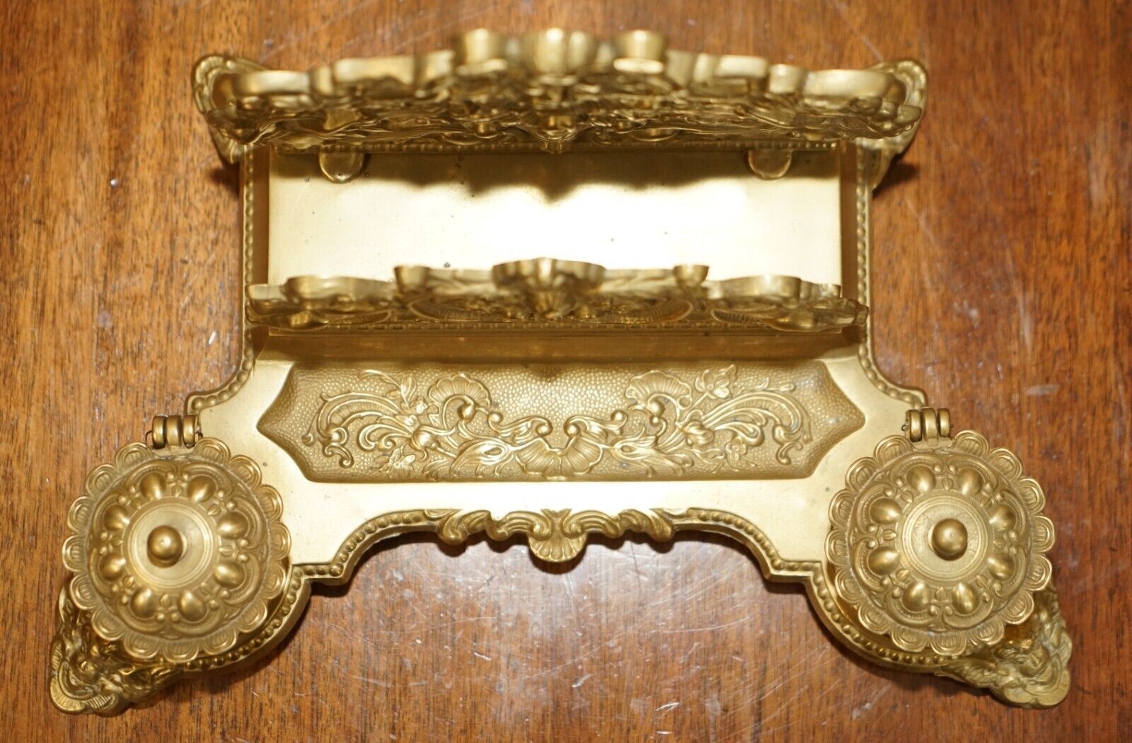 photo furniture Lovely Antique French Baroque Repousse Gilt Brass Cherub Inkwell Letter Stand