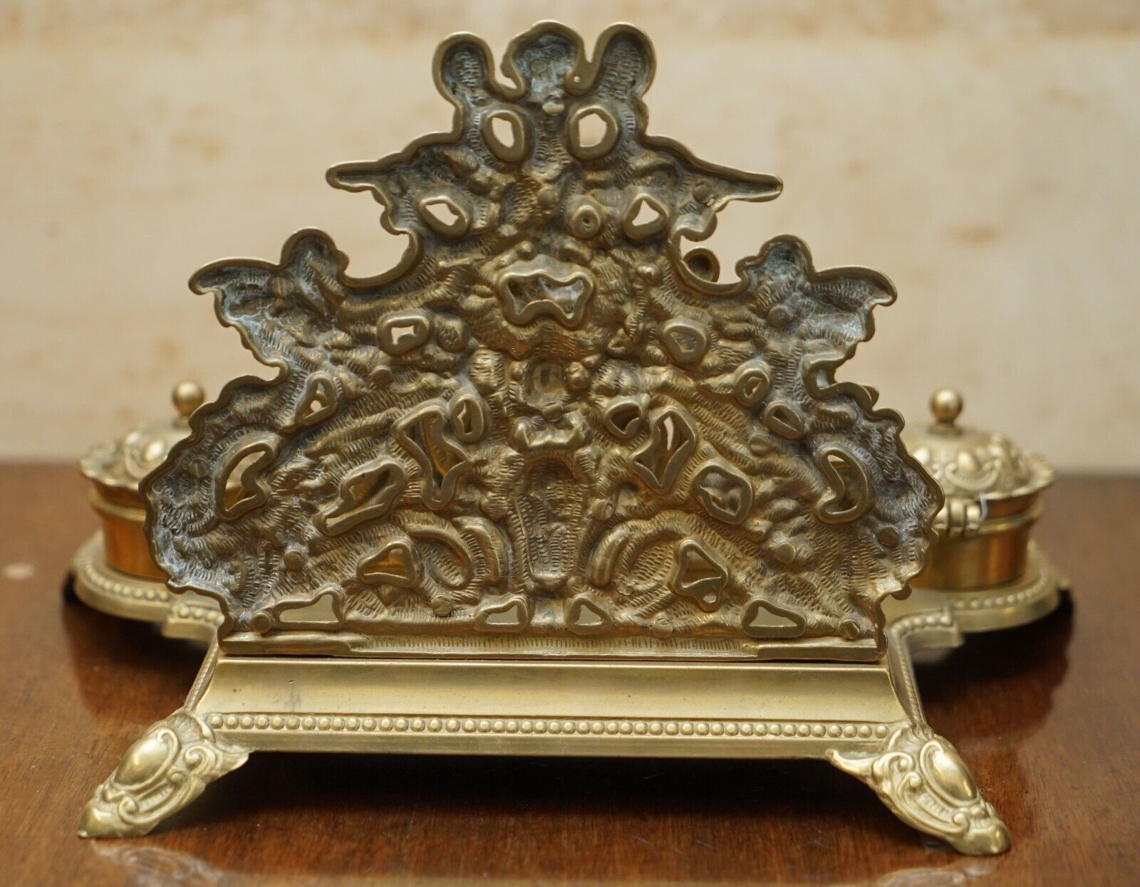 Home Decor Lovely Antique French Baroque Repousse Gilt Brass Cherub Inkwell Letter Stand photo