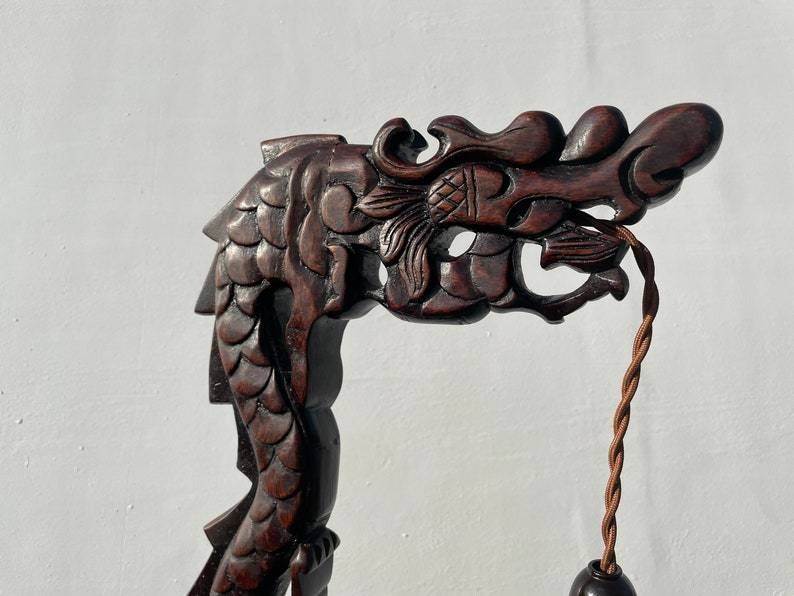 Antique Hand Carved Hardwood Oriental Dragon Table Lamp 1920's photo for sale