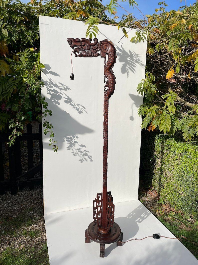 Antique Hand Carved Hardwood Oriental Dragon Floor Lamp 1920's photo for sale