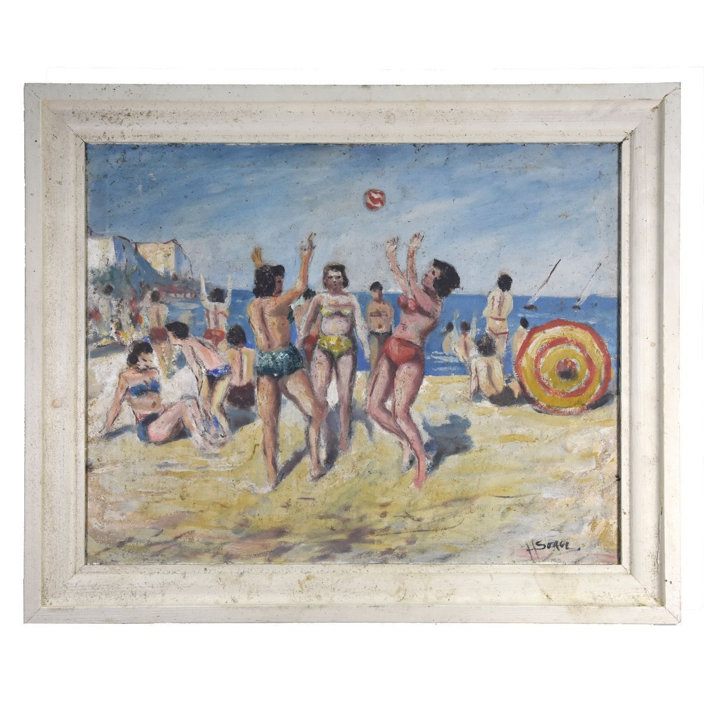 Young Woman Frolicking At The Beach Oil On Panel 1950 Signed Serge
