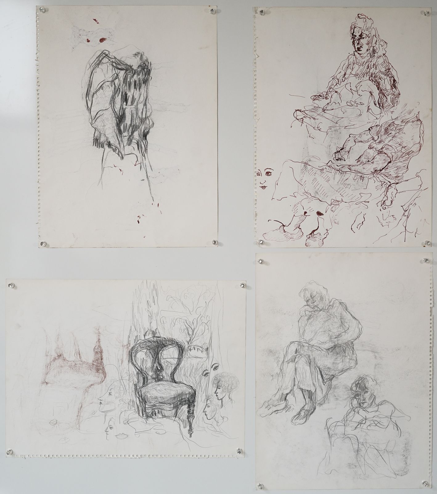 Vier Inktstudies Van Uiteenlopende Onderwerpen photo vintage